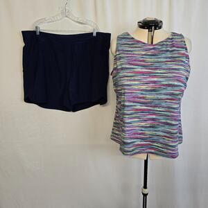 Lands' End Tankini Top & Bottoms Swim Women's 26W Striped Multi & Blue EUC